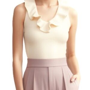 ANN TAYLOR Cashmere Ruffled V Neck Romantic Sweater in Cream Size XS